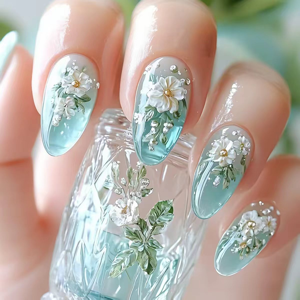 Pressed Flower Art - Średnie sztuczne paznokcie dla kobiet i